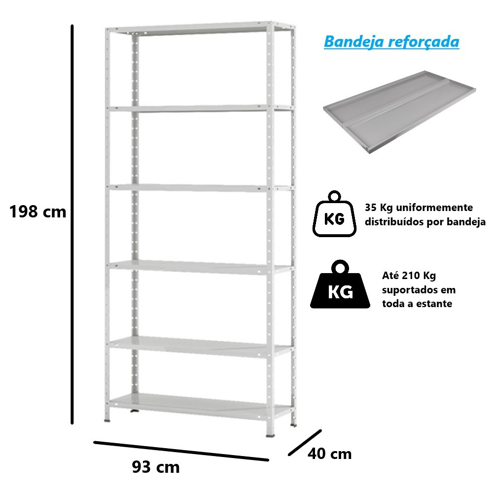 Estante de Aço Forte Reforçada Multiuso Livros Decorações Ferramentas 06 Prateleiras 2 metros cinza 40 cm profundidade